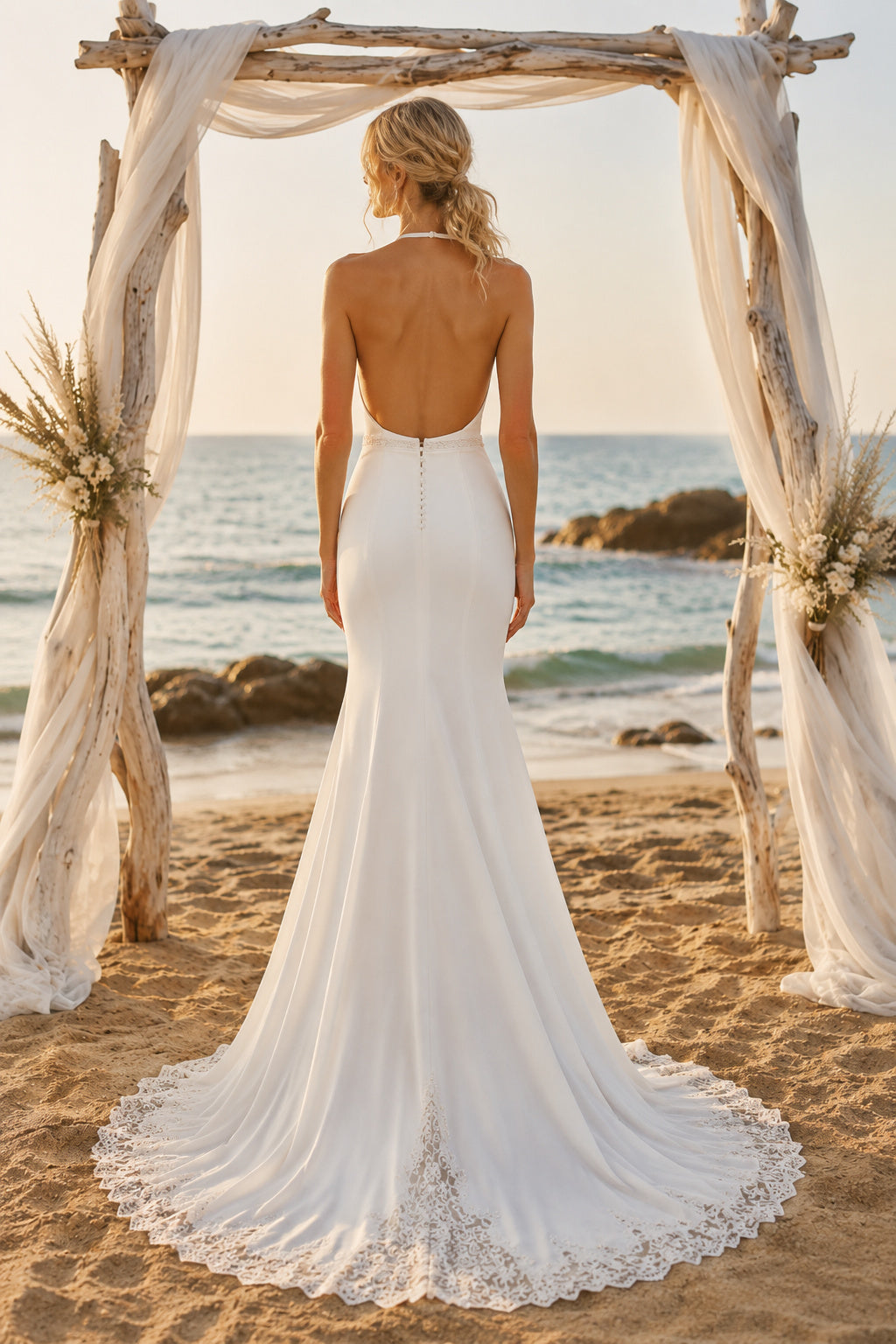 White Halter High Neck Stretch Satin Mermaid Wedding Dress Lace Hem for Bridal Ceremony and Reception back view