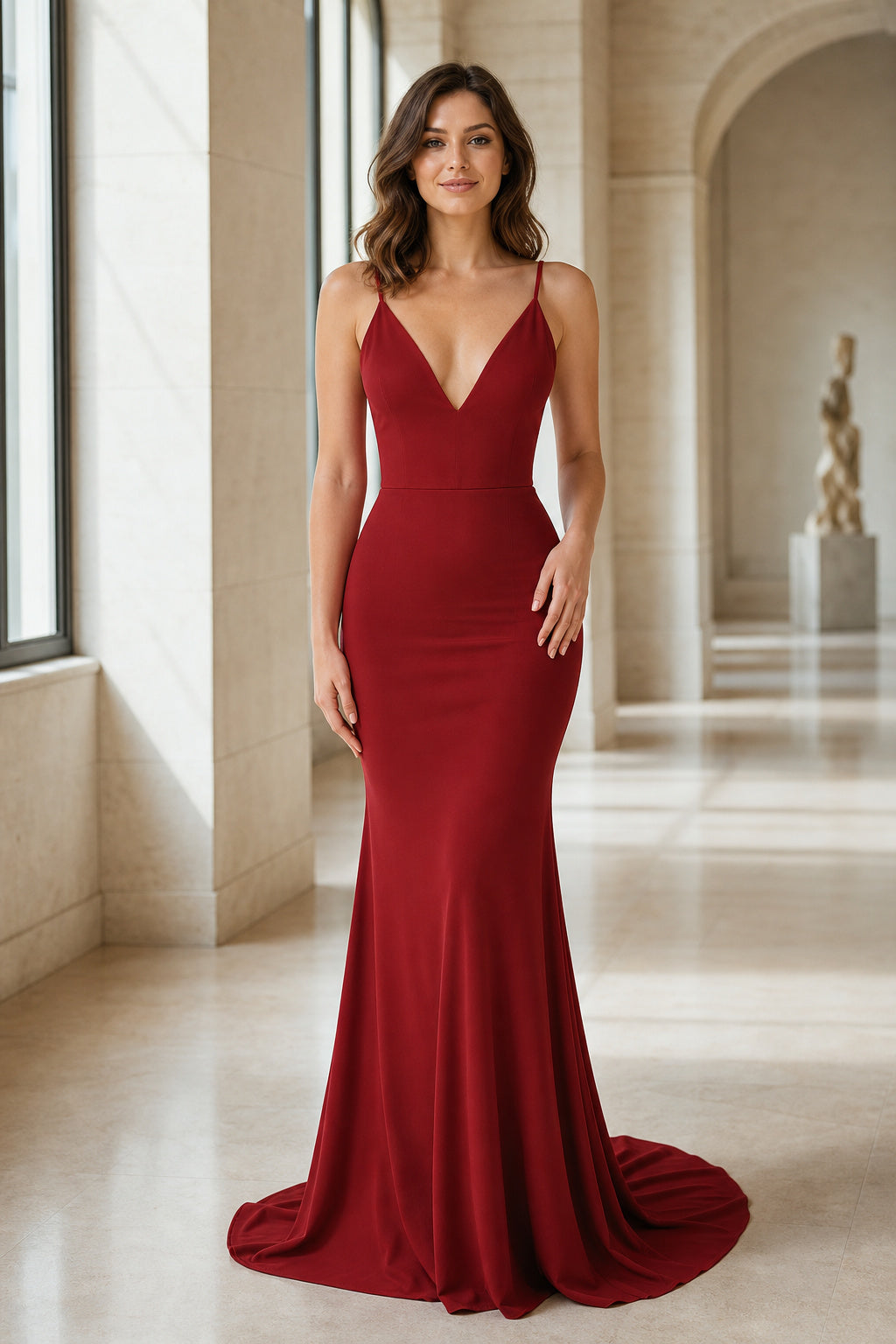 Burgundy V-neck Spaghetti Strap Mermaid Floor-Length Dress With Sweep Train
