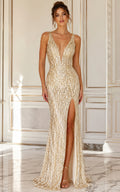 Ivory and Gold Sequin Prom Dress with Deep V Neckline and Slit front view