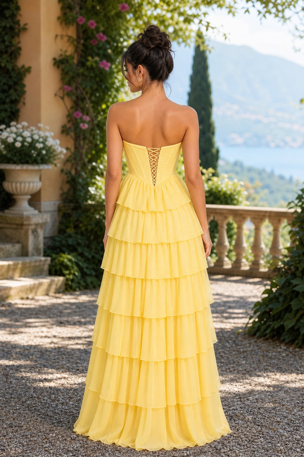 Yellow Strapless Tiered Chiffon A-Line Dress