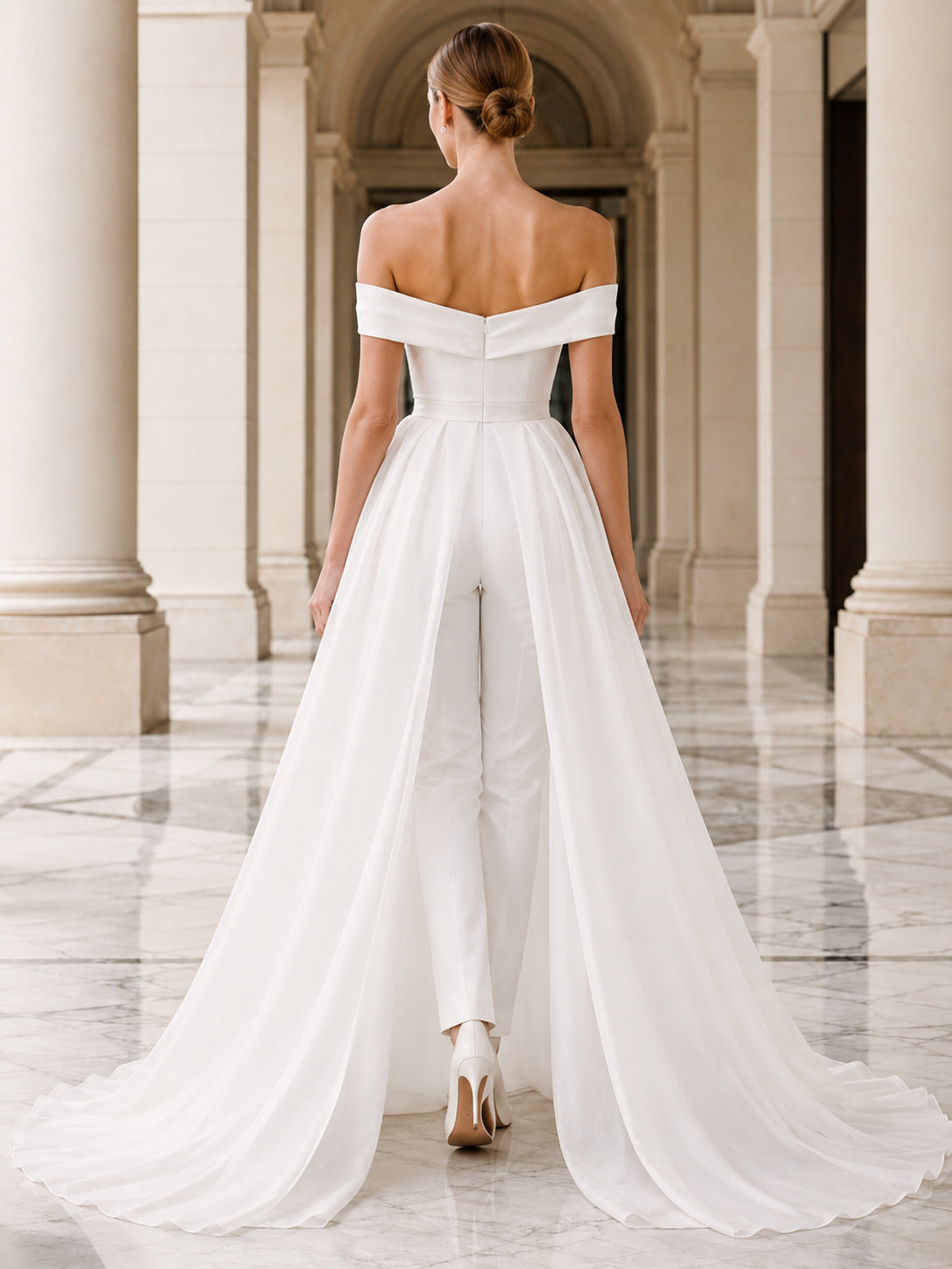 Off-Shoulder Satin Bridal Jumpsuit Detachable Chiffon Overskirt Wedding Outfit back view