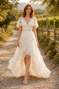 Ivory V-Neck High-Low Lace Wedding Dress with Flutter Sleeves and Sweep Train for Garden Reception front view