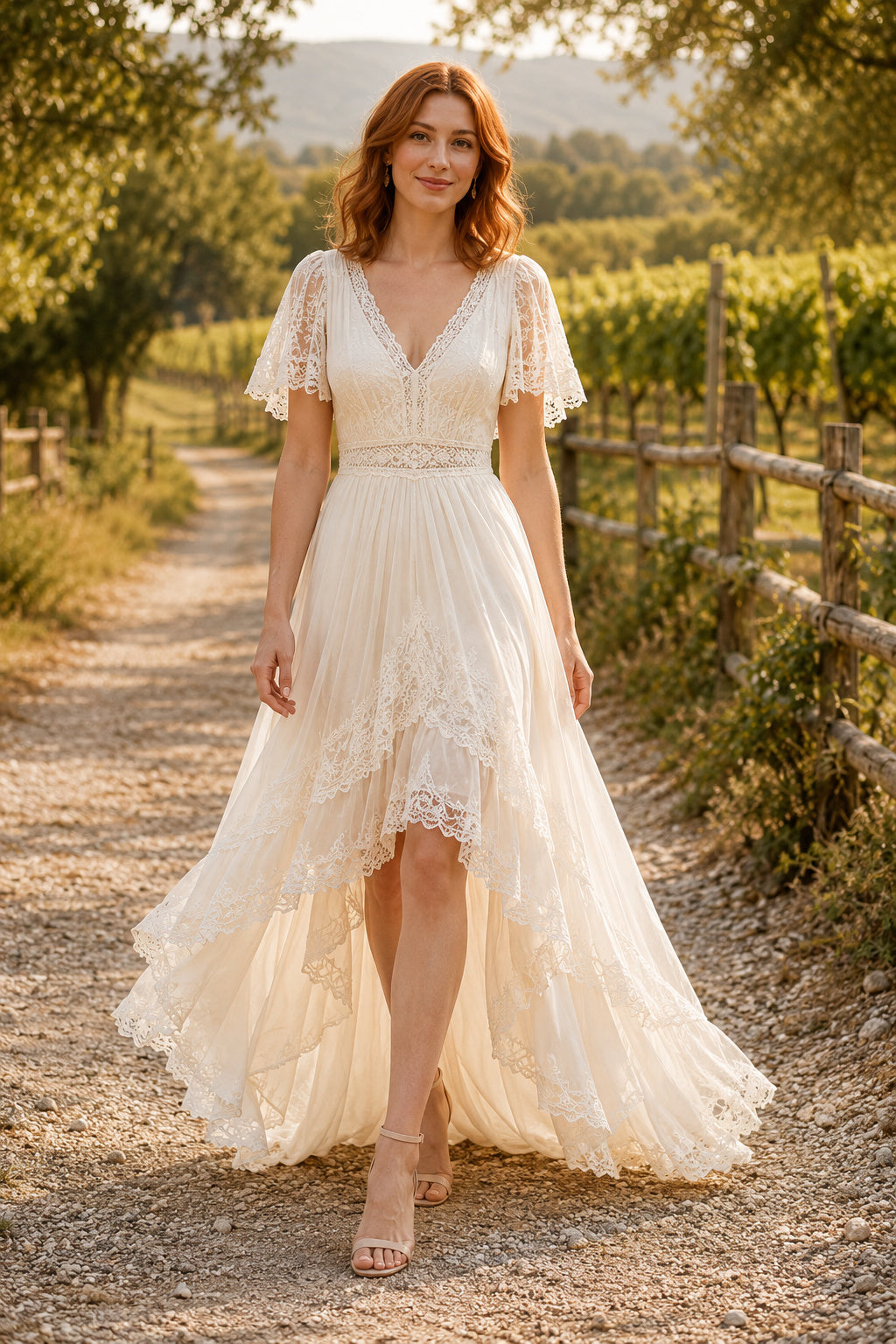Ivory V-Neck High-Low Lace Wedding Dress with Flutter Sleeves and Sweep Train for Garden Reception front view