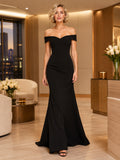 Black Off Shoulder Sweetheart Mermaid Floor Length Formal Gown front view