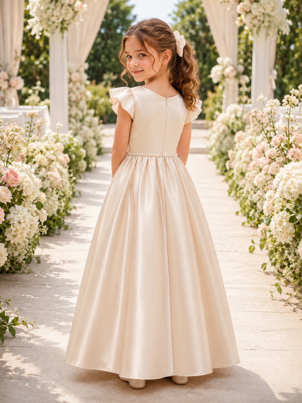 Champagne Elegant Romantic Formal Satin V-Neck Petal Sleeve Beaded Waist Floor-Length A-Line Flower Girl Dress back view