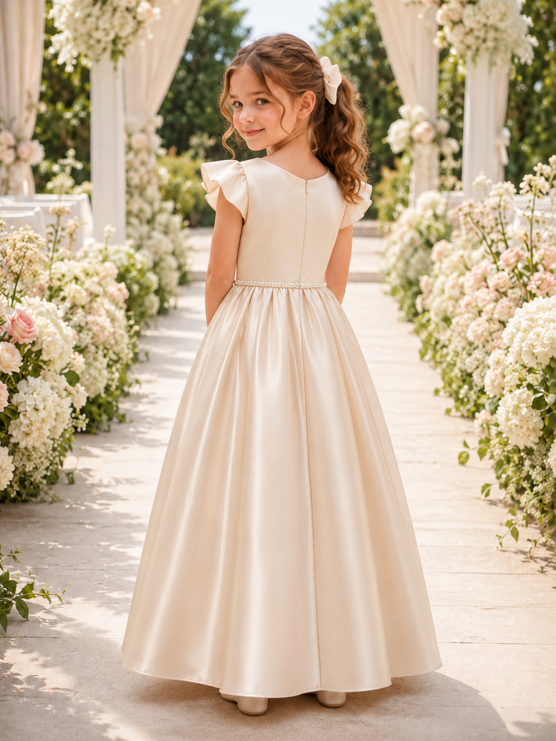 Champagne Elegant Romantic Formal Satin V-Neck Petal Sleeve Beaded Waist Floor-Length A-Line Flower Girl Dress back view