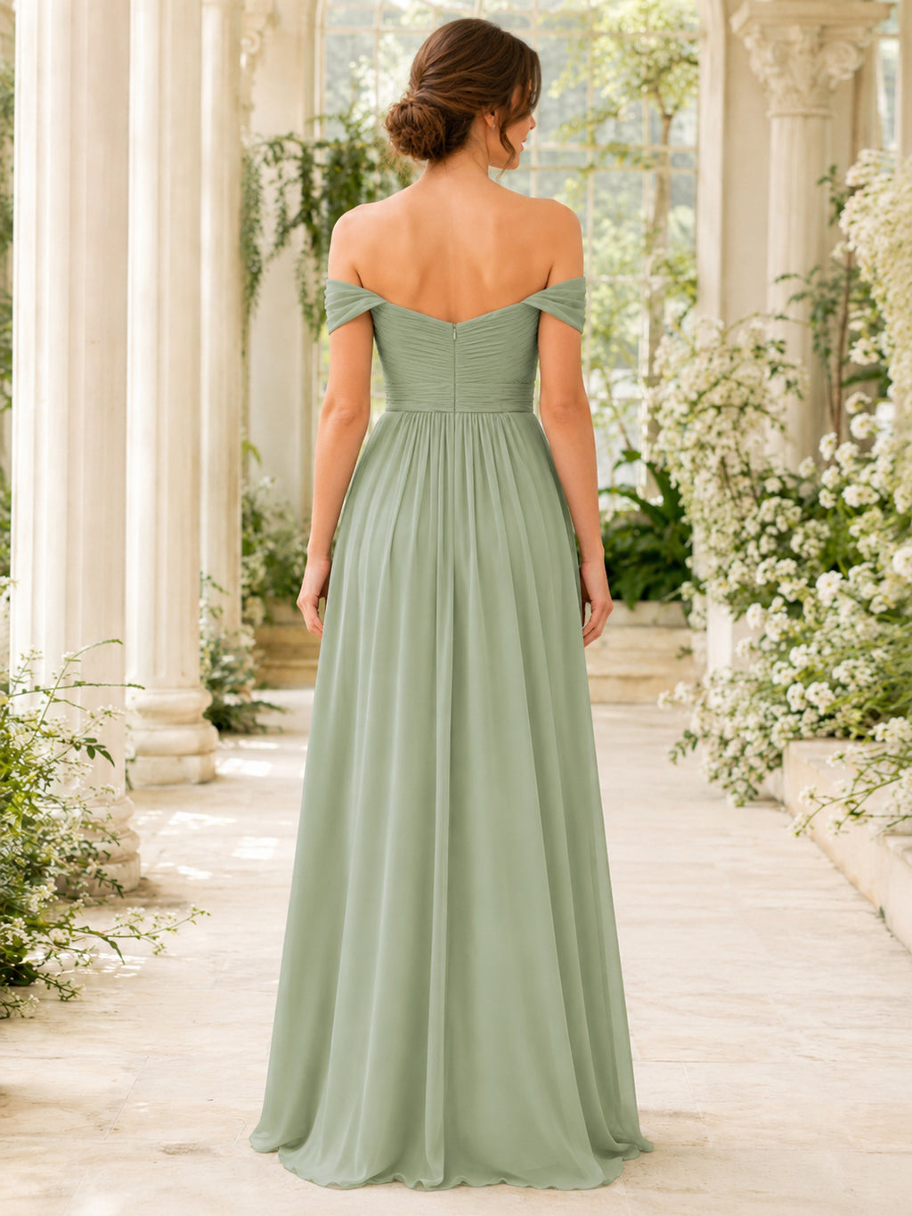 Sage Off Shoulder Chiffon A-Line Formal Dress back view