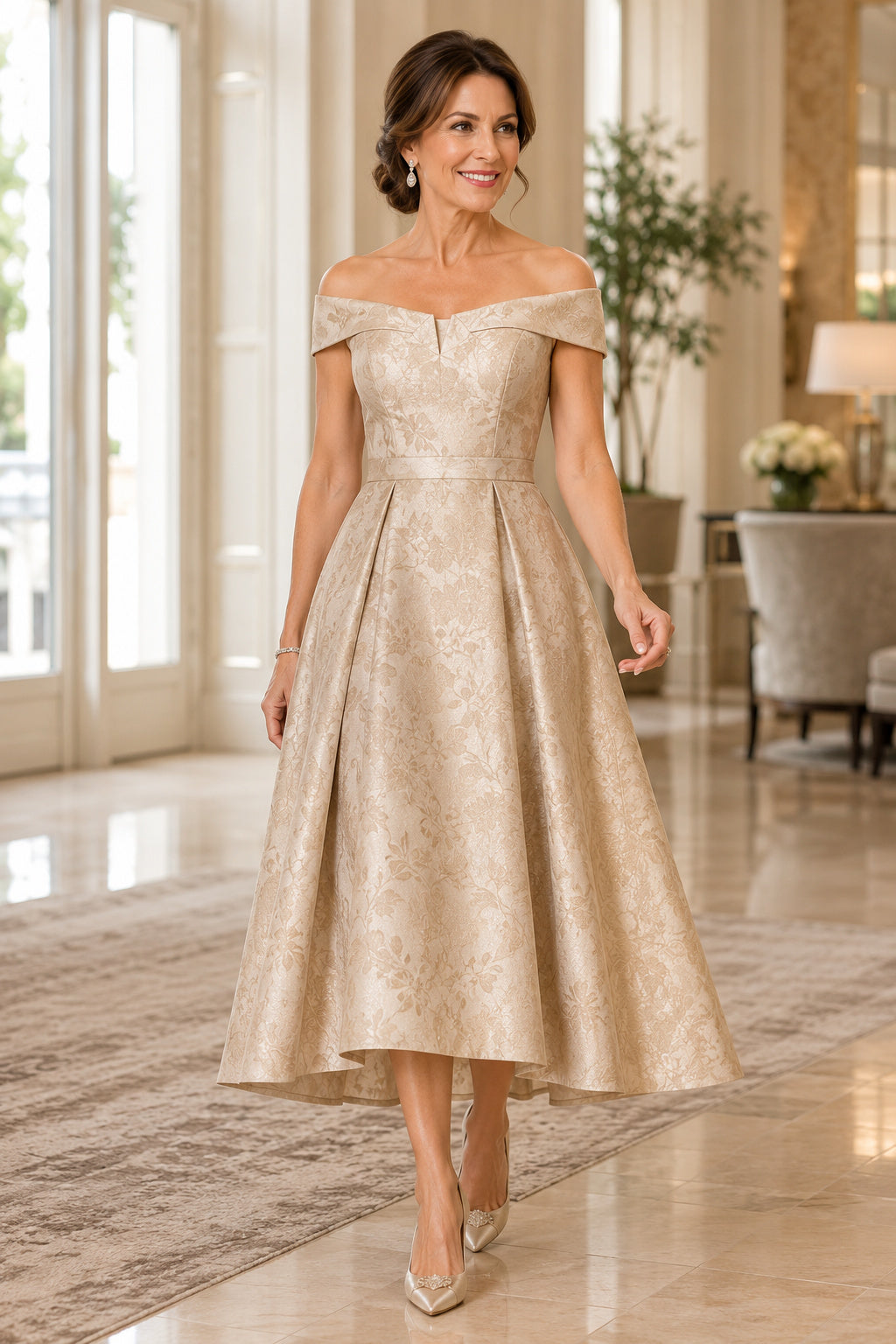 Champagne Off Shoulder Satin Tea Length Mother Dress with Pleated A-Line Skirt front view