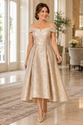Champagne Off Shoulder Satin Tea Length Mother Dress with Pleated A-Line Skirt front view