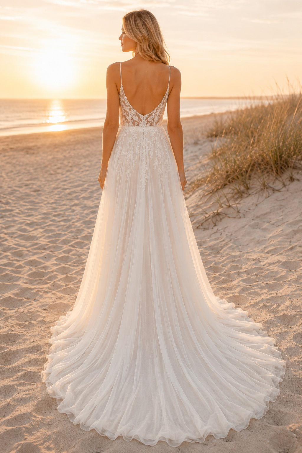 Ivory Spaghetti V-Neck Chiffon Lace A-Line Wedding Dress Split Train for Bridal Ceremony and Reception back view