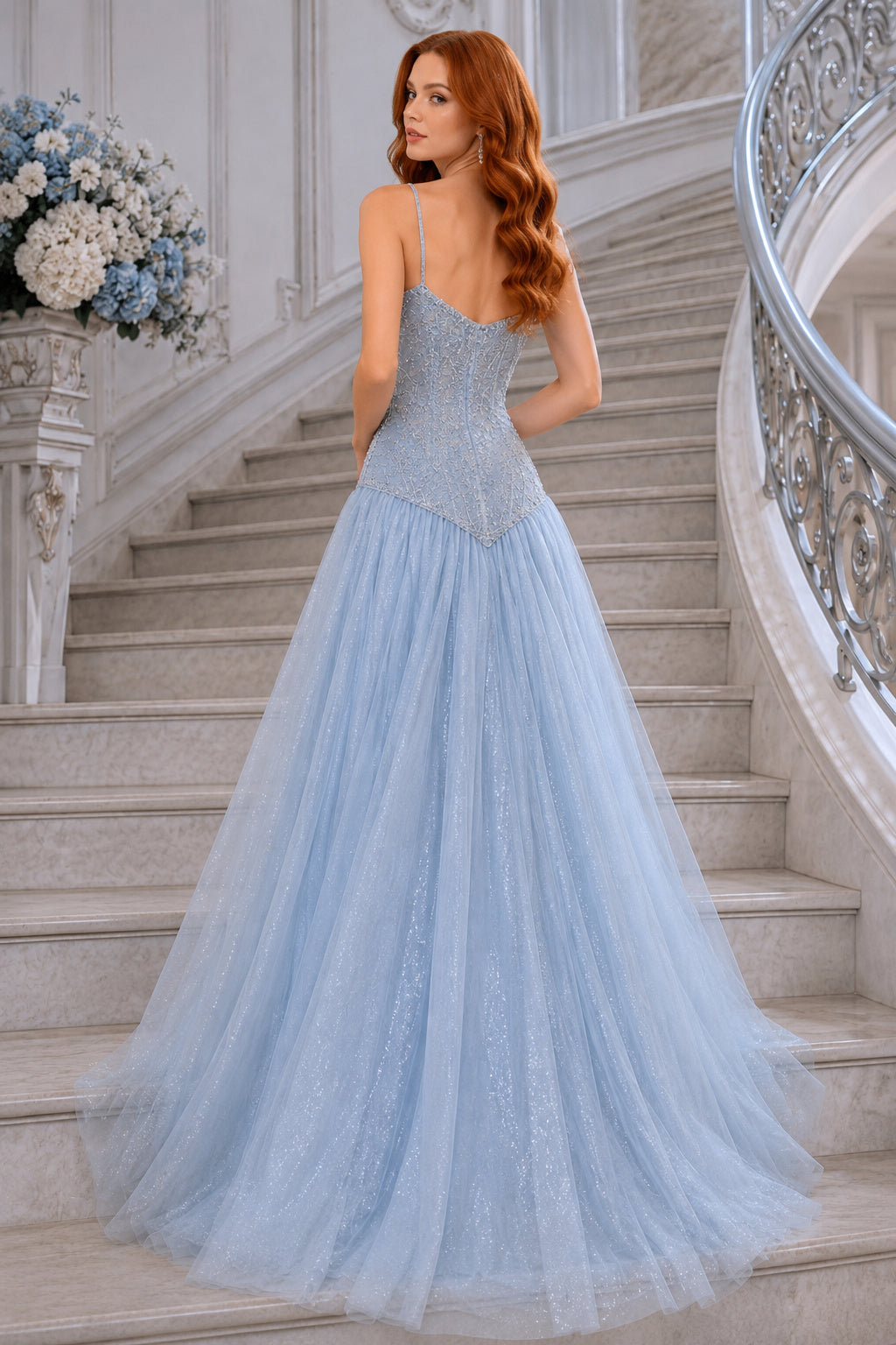Sky Blue Spaghetti Strap Lace Bodice Ball Gown with Full Tulle Skirt Floor Length And Sweep/Brush Train Ball Gown Prom Dress