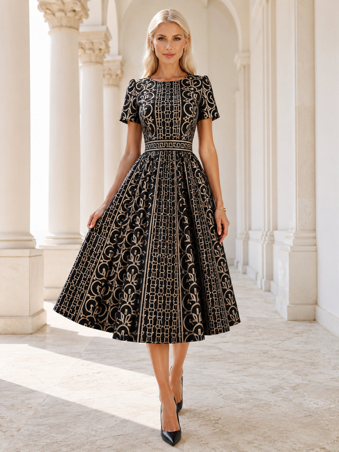 Black Monogram Inspired Short Sleeve Retro Swing Midi Dress front view