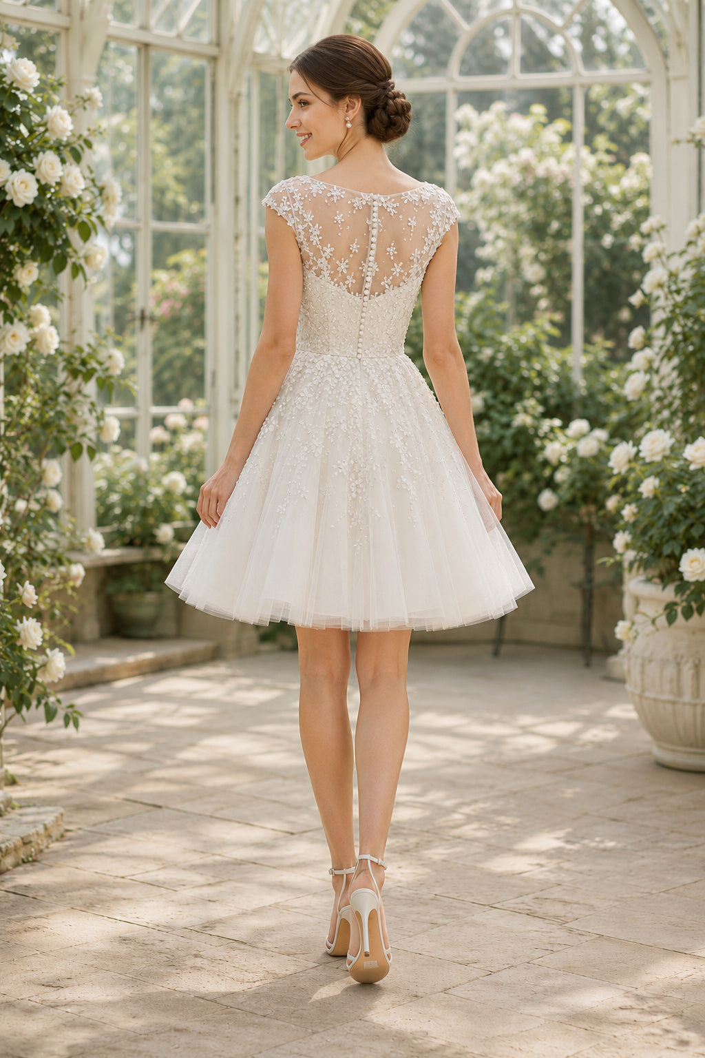 High Neck Lace Knee Length Wedding Dress Style 720206 back view