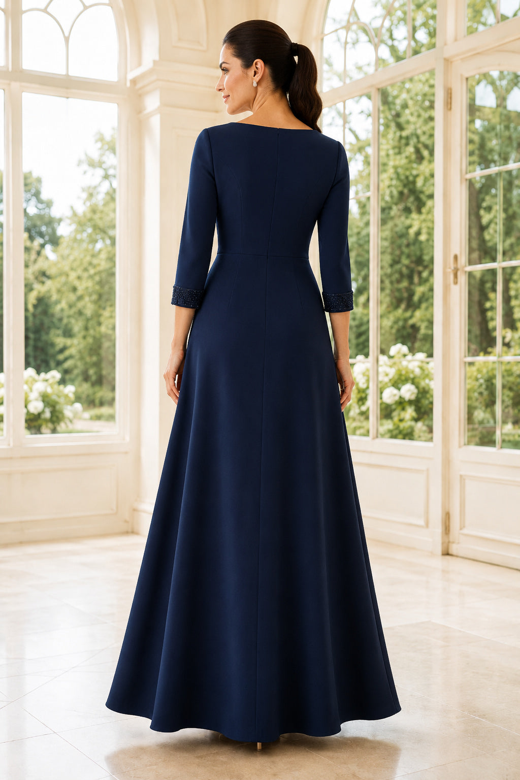 Dark Navy Bateau Three-Quarter Sleeve A-Line Mother Dress back view