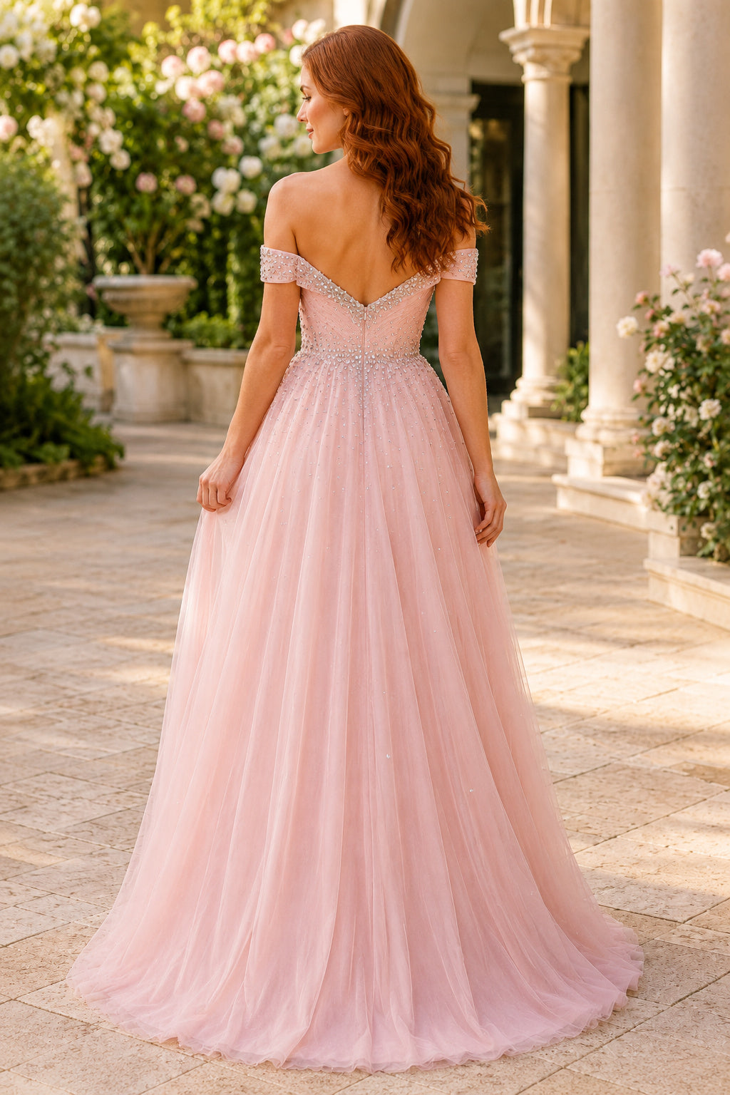 Blushing Pink Off-the-Shoulder Tulle A-Line Prom Dress with Beaded Waist for Garden Party back view