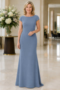 Steel Blue Bateau Cap Sleeve Sheath Mother Dress with Clean Floor Skirt front view