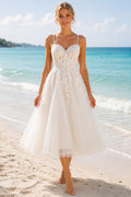 Ivory Spaghetti Strap Lace Sweetheart Bodice with Beach Tulle Skirt Tea Length A-Line Wedding Dress front view