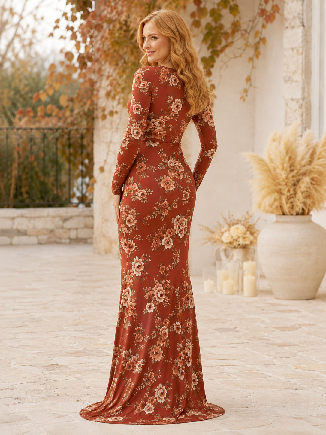 Rust Floral Maternity Long Sleeve Square Neck Mermaid Sweep Train Fall Gown back view