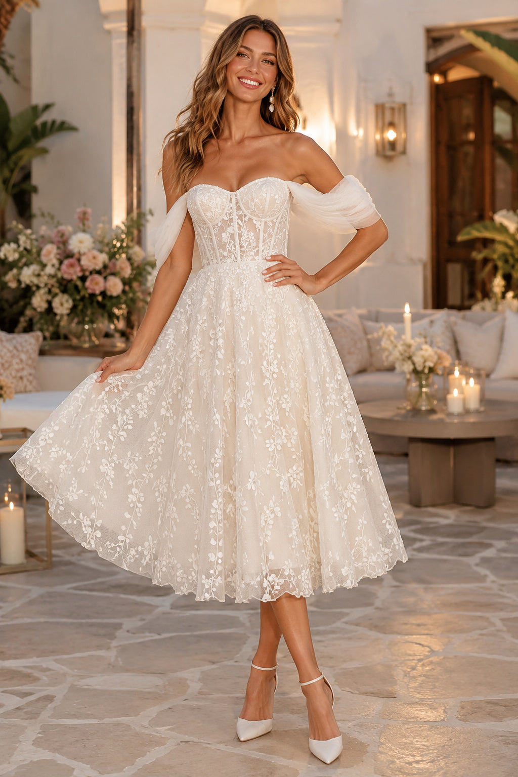 Ivory Off-the-Shoulder Sweetheart Draped Sleeve Lace Tulle Tea-Length Wedding Dress with Draped Sleeves and Lace Midi Skirt f