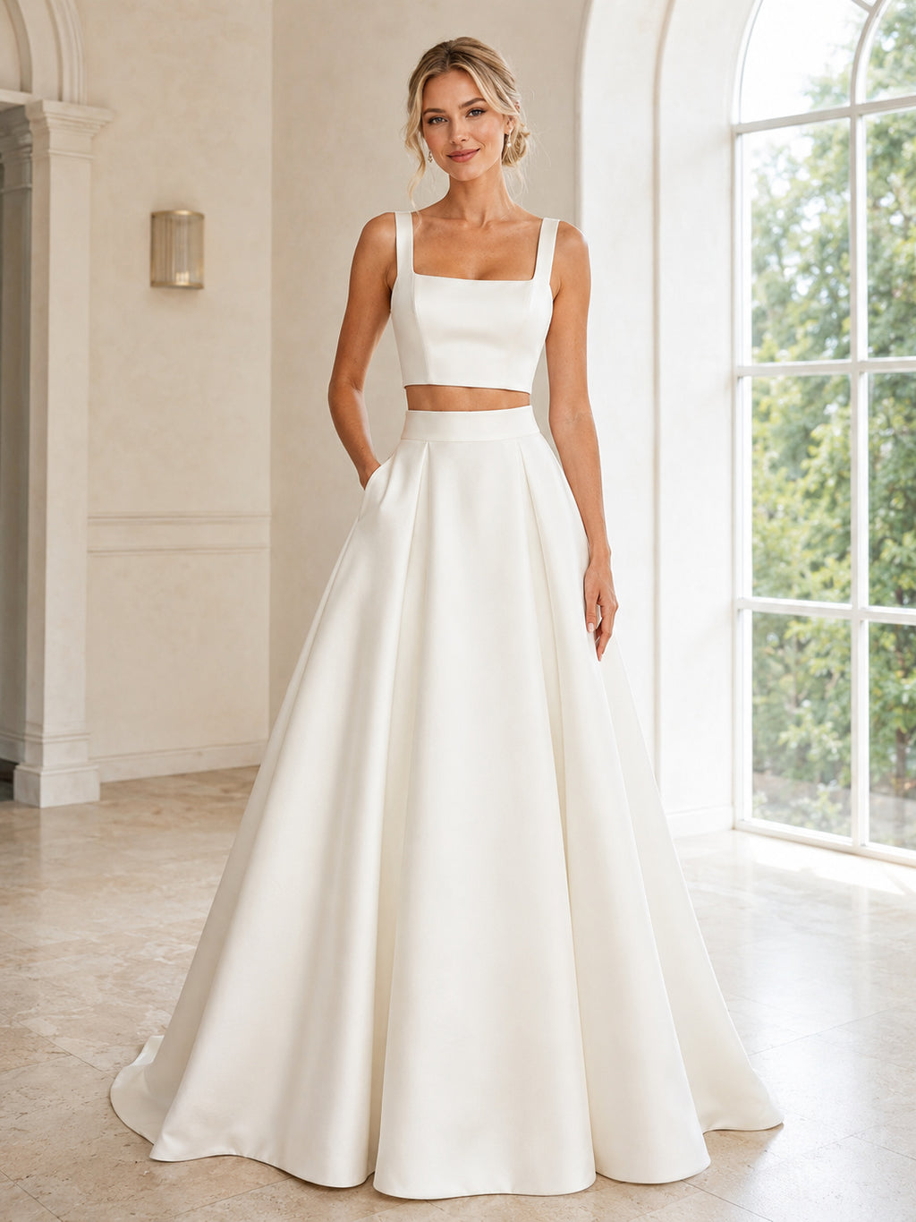 Simple Bridal Two Piece Square Neck Sleeveless Satin A-Line Sweep Wedding Outfit front view