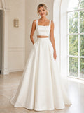 Simple Bridal Two Piece Square Neck Sleeveless Satin A-Line Sweep Wedding Outfit front view