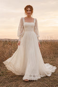 Ivory Square Neck Bishop Sleeve Simple A-Line Wedding Dress with Lace Hem and Train front view