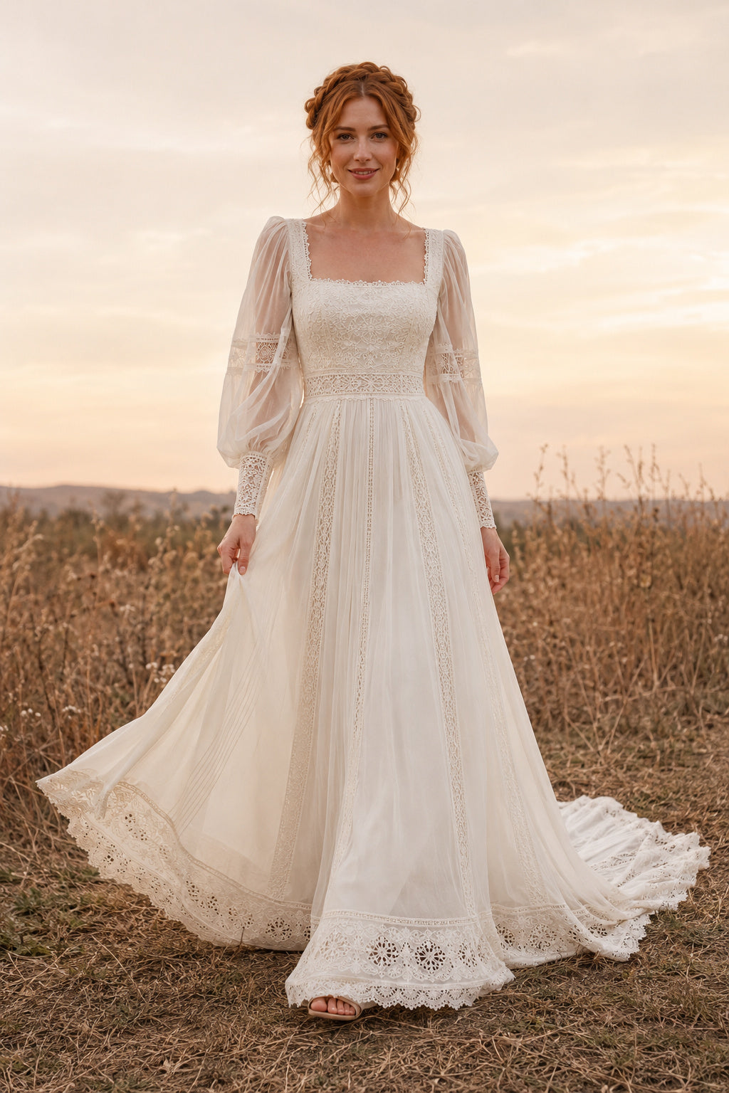 Ivory Square Neck Bishop Sleeve Simple A-Line Wedding Dress with Lace Hem and Train front view