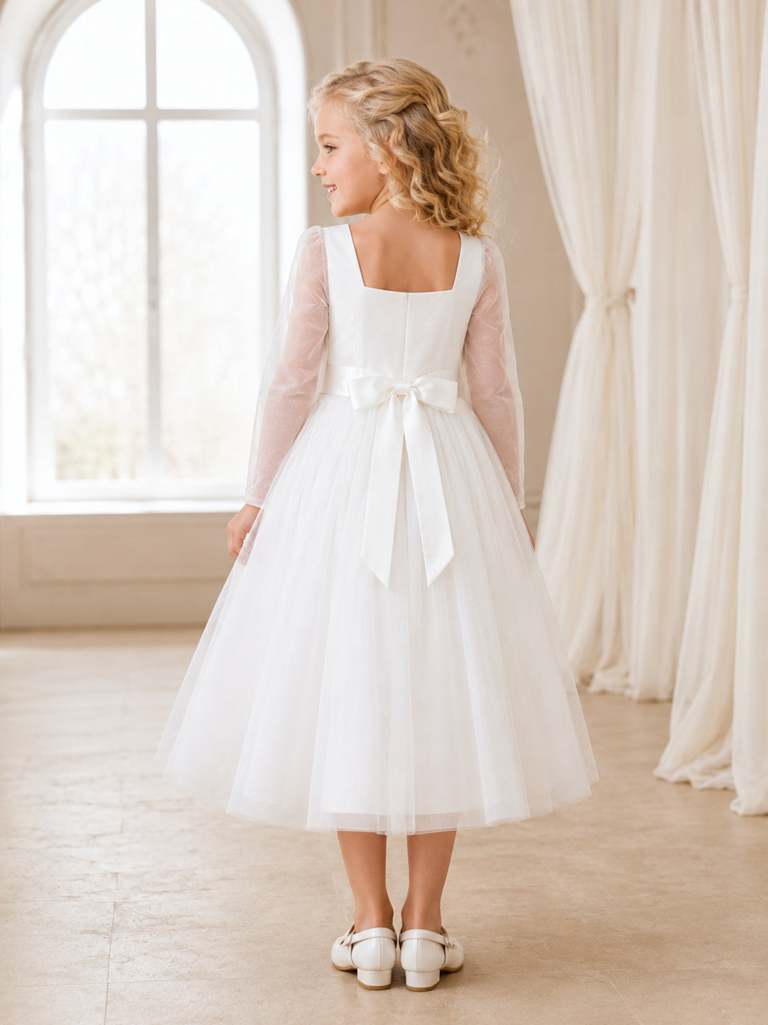 Elegant Tulle Tea-Length A-Line Square Neck Long Sleeve Bow Flower Girl Wedding Dress back view