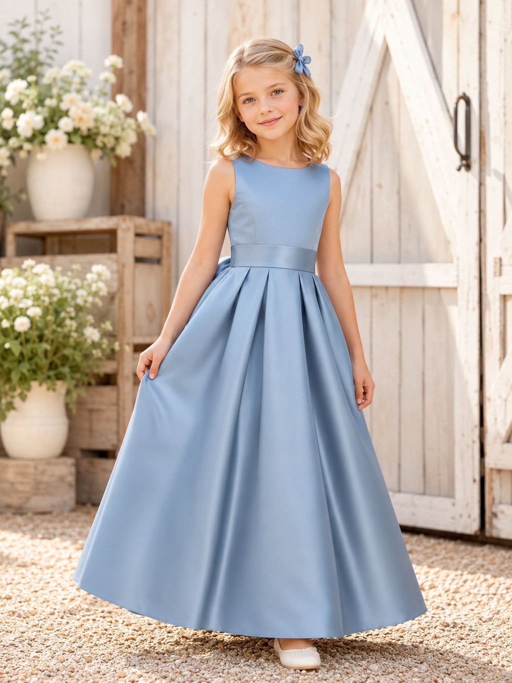 Steel Blue Satin Sleeveless Ankle-Length A-Line Flower Girl Rustic Country Wedding Dress With Bow front view