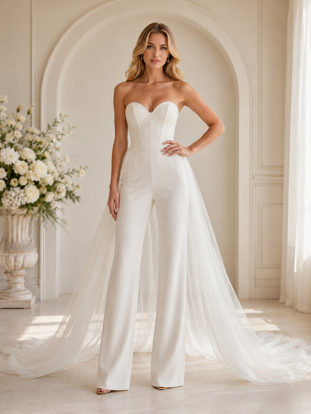Modern Strapless Sweetheart Satin Wide Leg Chiffon Cape Train Bridal Wedding Jumpsuit front view