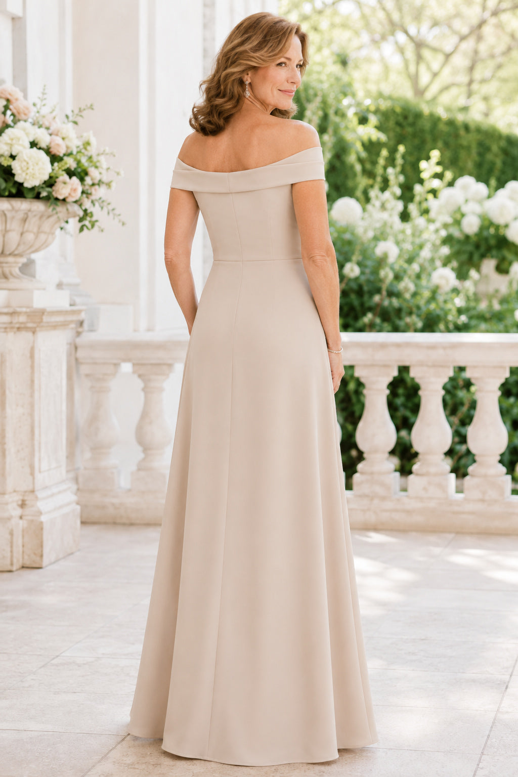Champagne Off-the-Shoulder A-Line Mother Dress with Simple Floor Skirt back view