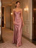 Luxury Hotel Formal Dusty Rose Simple Elegant Modern Sheath Satin Bridesmaid Dress with Cowl Neck Spaghetti Straps Sleeveless