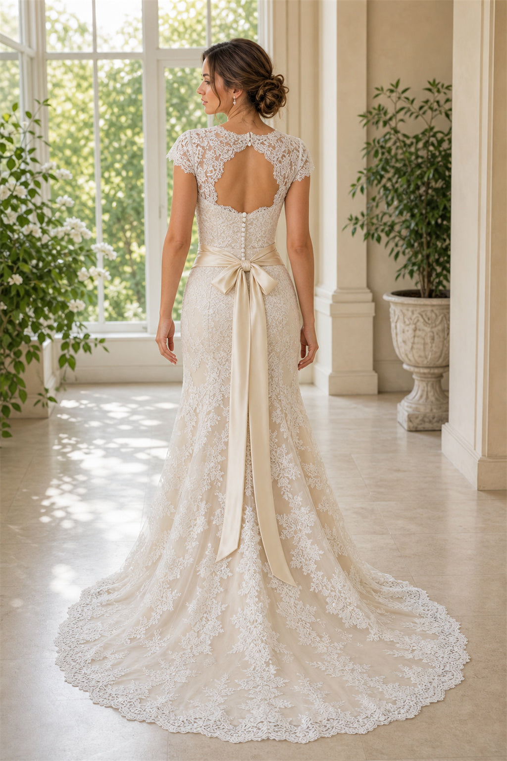 White V-neck Cap Sleeves Mermaid Lace Floor-length Wedding Dress With Lace and Sash