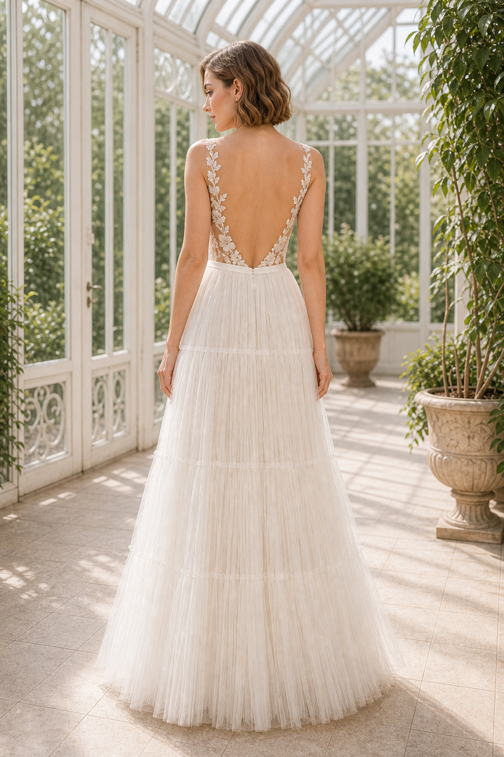 Champagne Halter Sheath Satin Floor-length Wedding Dress With Lace Bodice and Sweep Train and Open Back