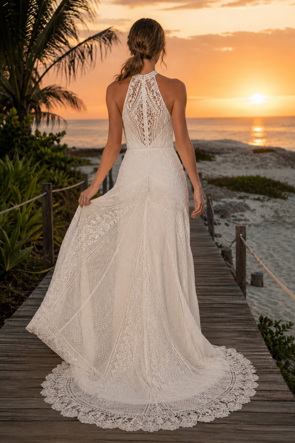 Ivory Halter High Neck Lace Mermaid Wedding Dress Backless Train for Bridal Ceremony and Reception back view