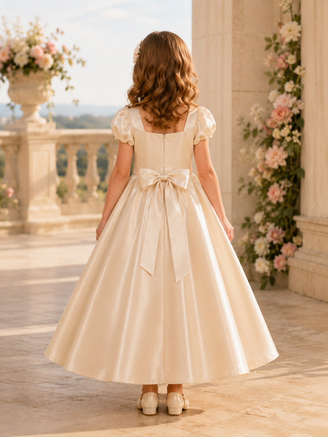 Champagne Bow Back Satin A-Line Flower Girl Dress with Jewel Neck, Cap Sleeves, and Tea-length Skirt back view