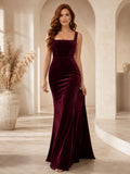Burgundy Square Neck Velvet Mermaid Evening Dress front view