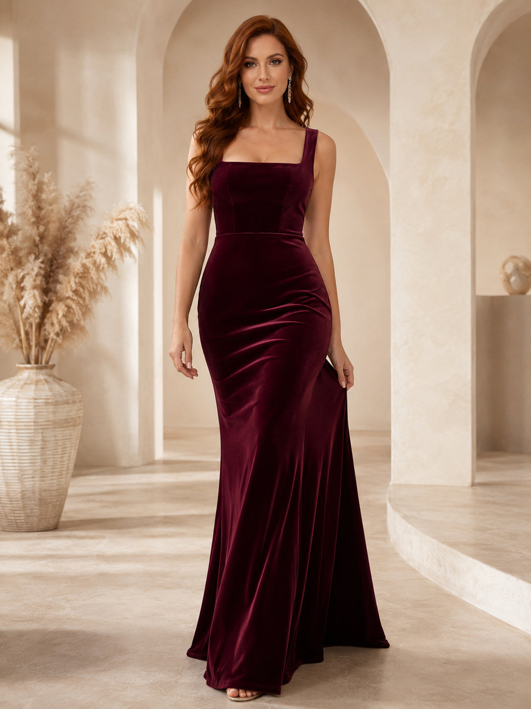 Burgundy Square Neck Velvet Mermaid Evening Dress front view