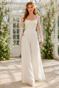 Square Neck Lace Sleeve Wedding Jumpsuit with Side Drape front view