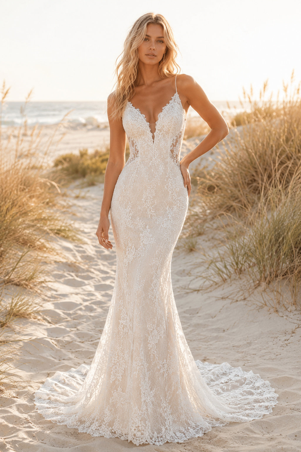 Ivory Sexy Spaghetti Neck Mermaid Allover Lace Wedding Dress with Spaghetti Straps and Sweep Train front view