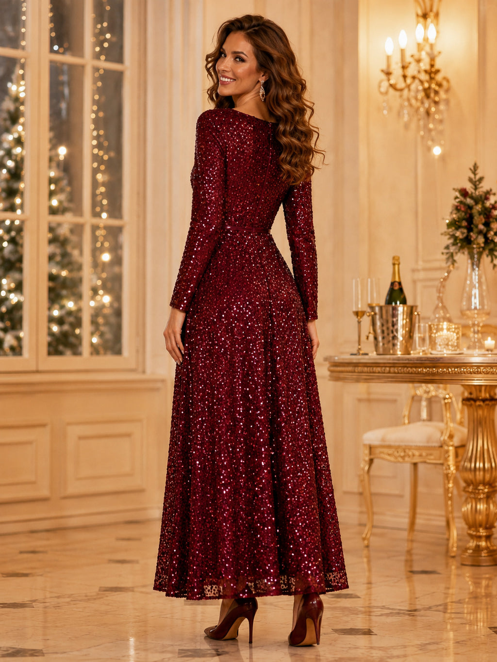 Festive Burgundy Sequin Formal A Line Ankle Length Square Neck Long Sleeve Dress back view