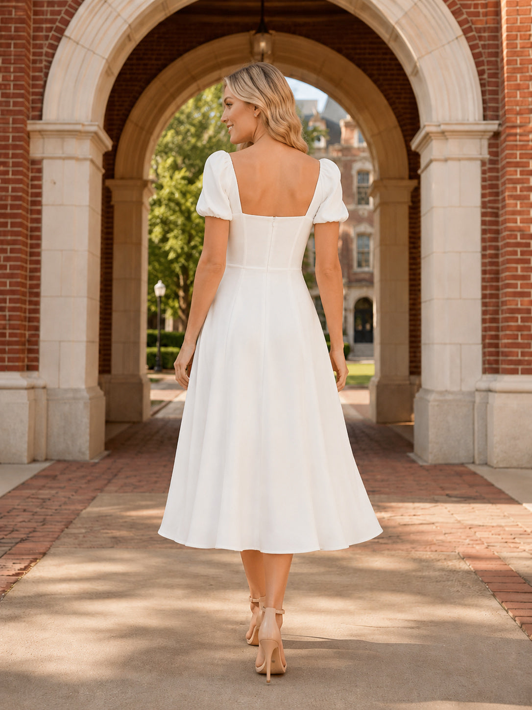 White Sweetheart Puff Sleeve Graduation Campus Midi Dress back view