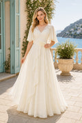 Ivory V-neck Flutter Sleeves A-Line Chiffon Floor-length Wedding Dress With Ruffles and Train and Open Back