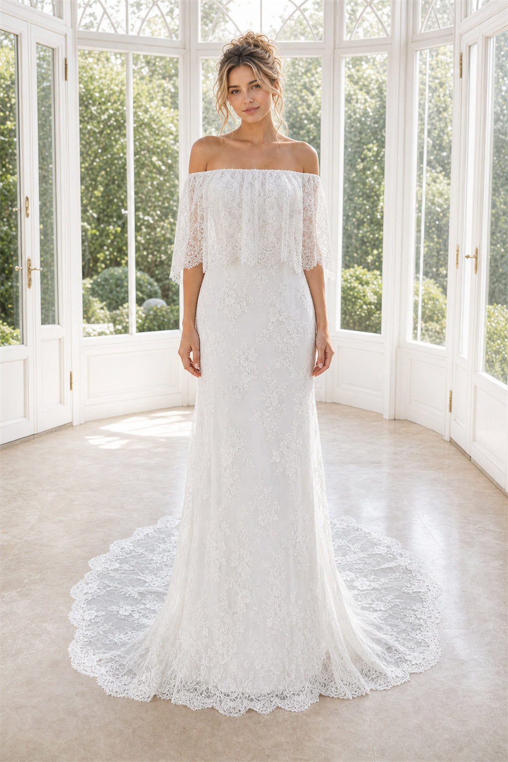 White Off-the-shoulder A-Line Satin Floor-length Wedding Dress With Beaded Waist and Floral Appliques and Open Back