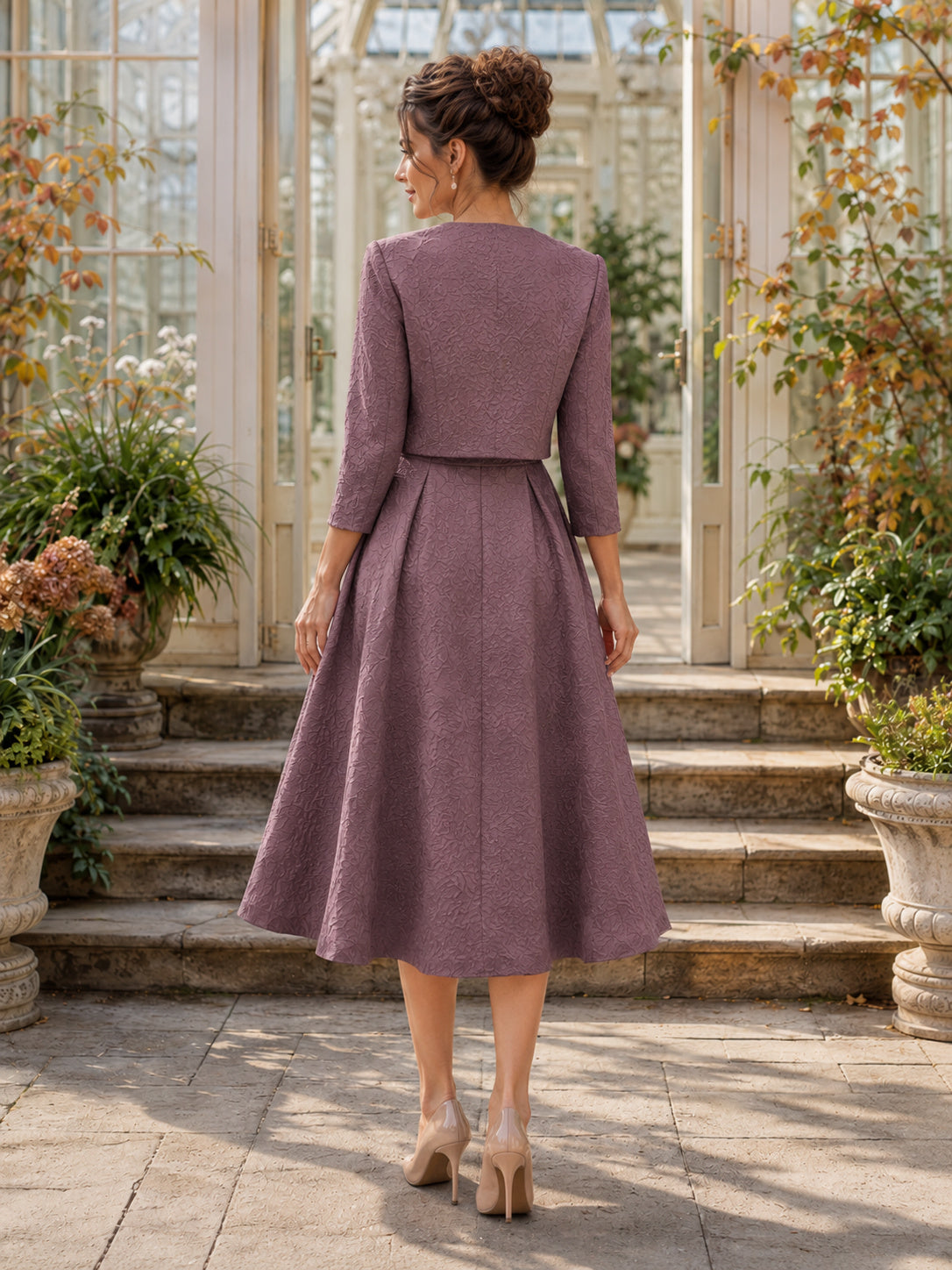 Formal Elegant Vintage Mauve High Neck Textured Midi Guest Dress back view