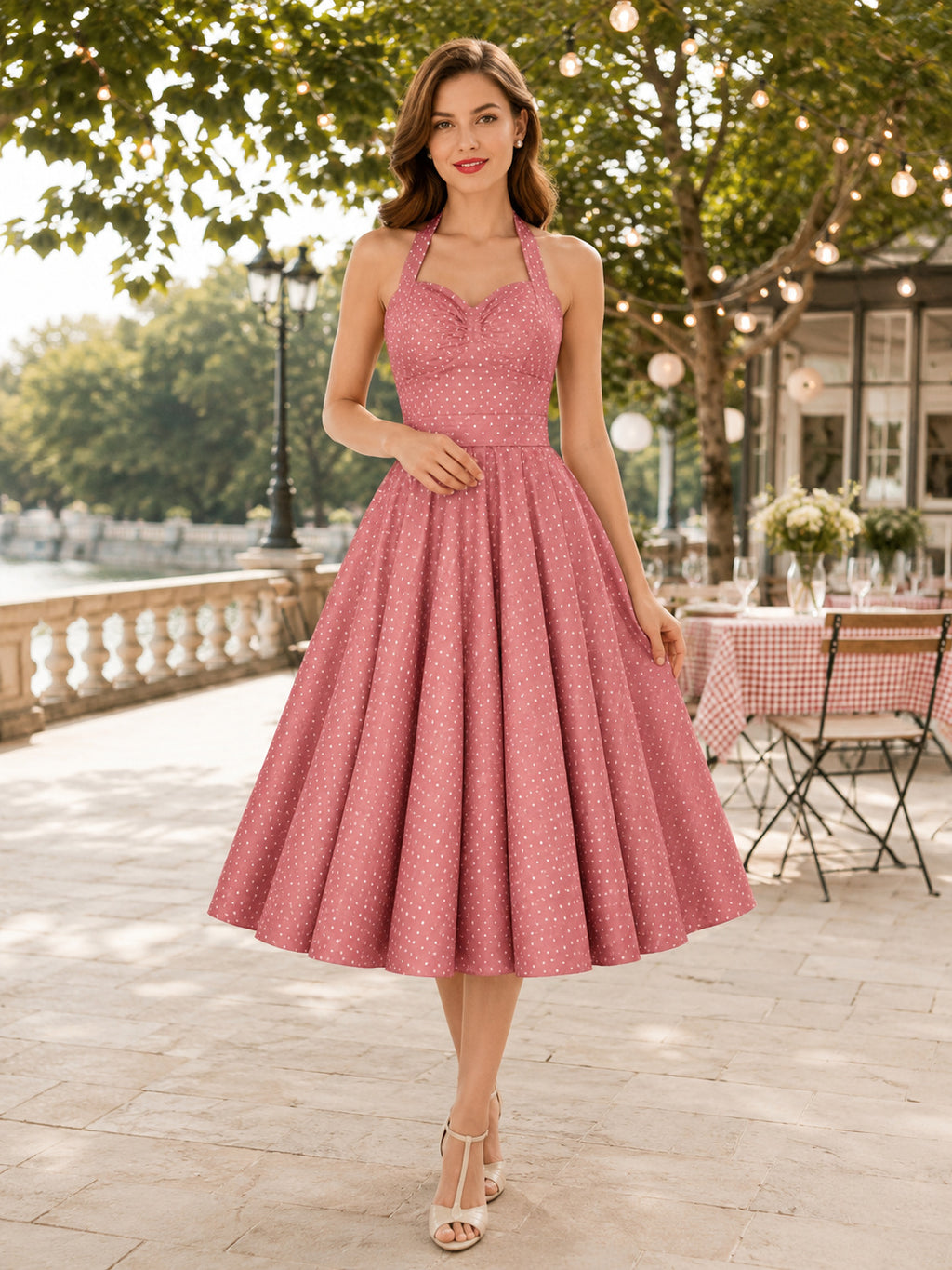 Dusty Rose Polka Dot Guinguette A Line Tea Length Halter Summer Dress front view