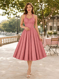 Dusty Rose Polka Dot Guinguette A Line Tea Length Halter Summer Dress front view