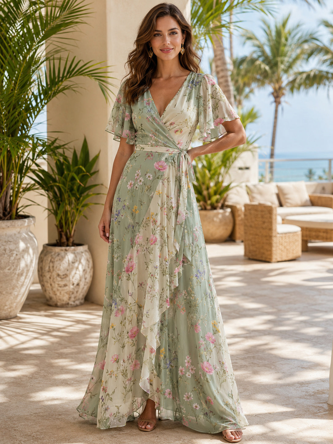 Sage Floral V Neck Flutter Sleeve Wrap Floor Length A Line Welcome Dress front view