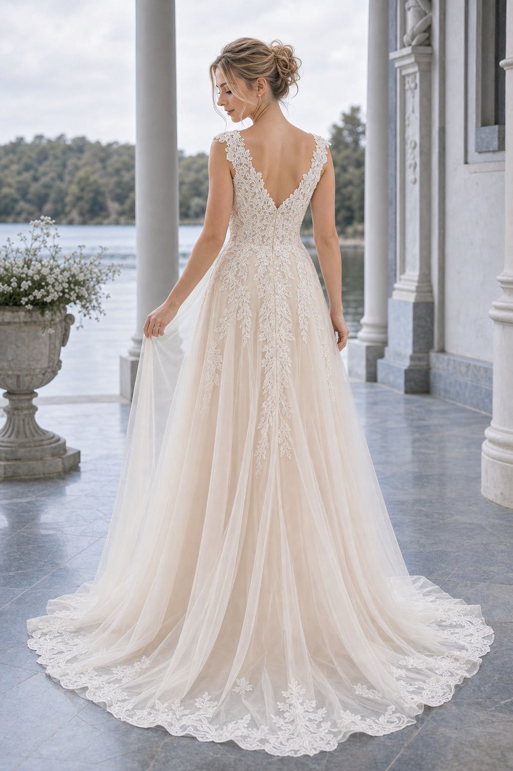 Ivory Bateau Short Sleeves Sheath Lace Floor-length Wedding Dress With Lace and Front Slit and Open Back