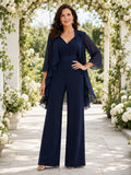 Dark Navy Mother Pantsuit with Wrap V Neck Top, Chiffon Jacket and Wide Leg Pants front view